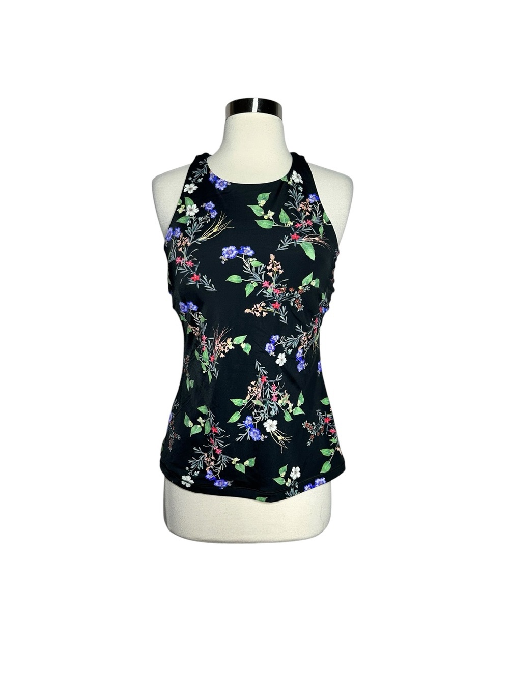 Athleta Floral High Neck Cutout Swim Tankini Top Black 36 D/DD